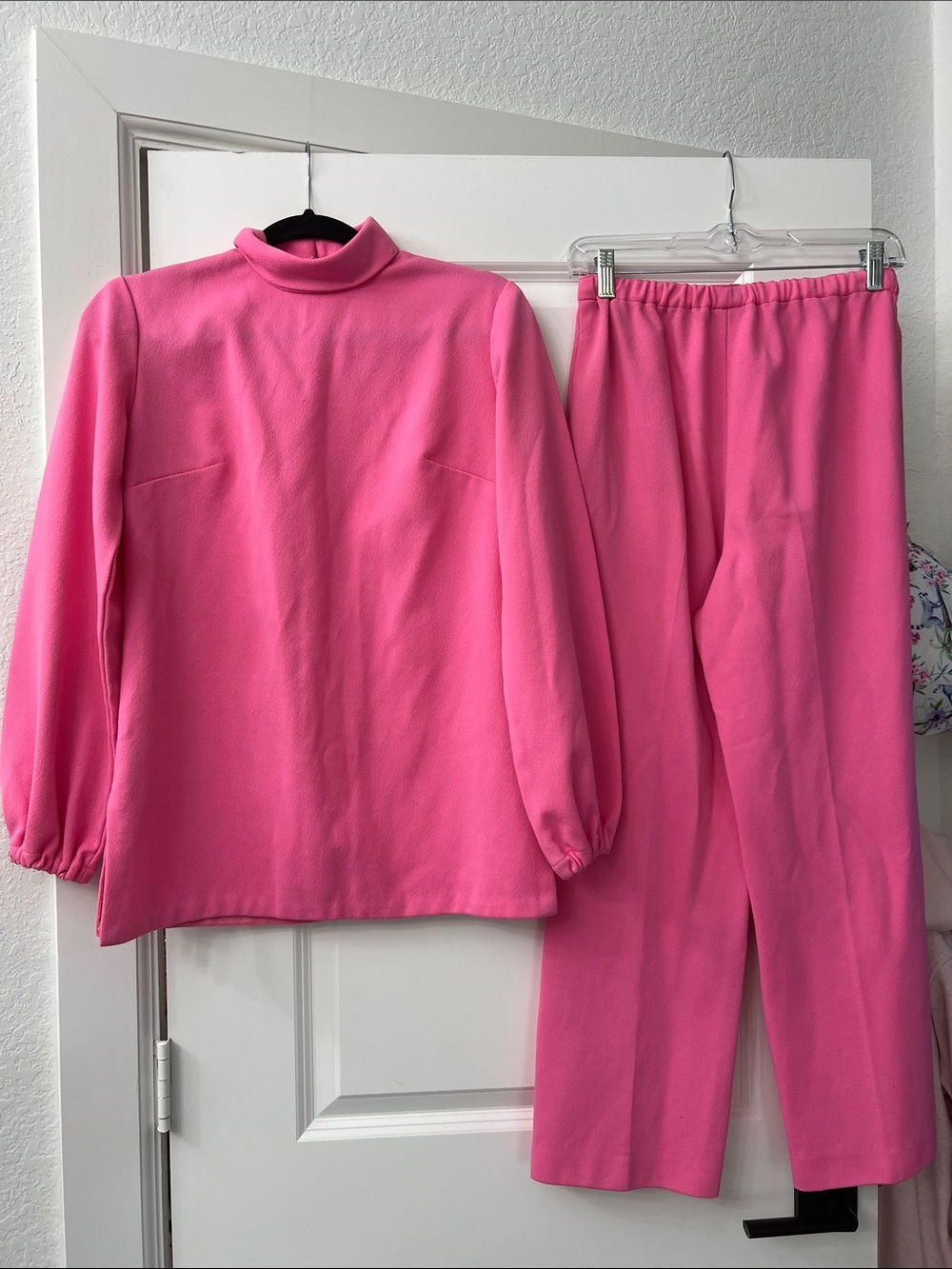 1970s Mock Neck Stretch Poly Pink Two-Piece Set